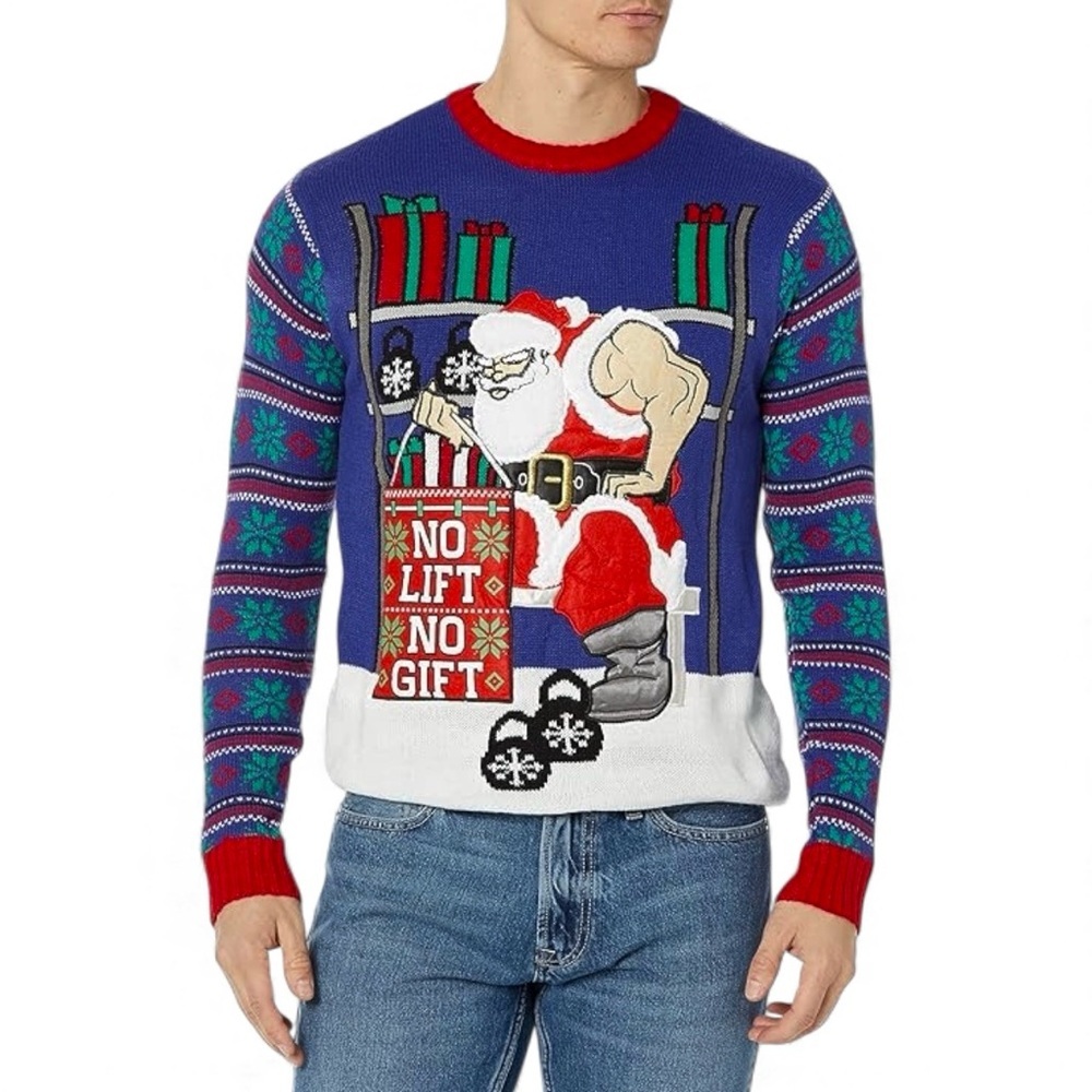 Blizzard Bay “No Lift No Gift” Drink Pocket Gym Santa Ugly Christmas Sweater